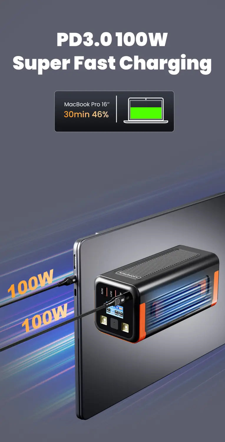 Power bank Asometech 50000 mAh, 100 W, à charge rapide, à la conception rectangulaire élégante noire et orange, avec témoins lumineux à LED bleues sur le côté