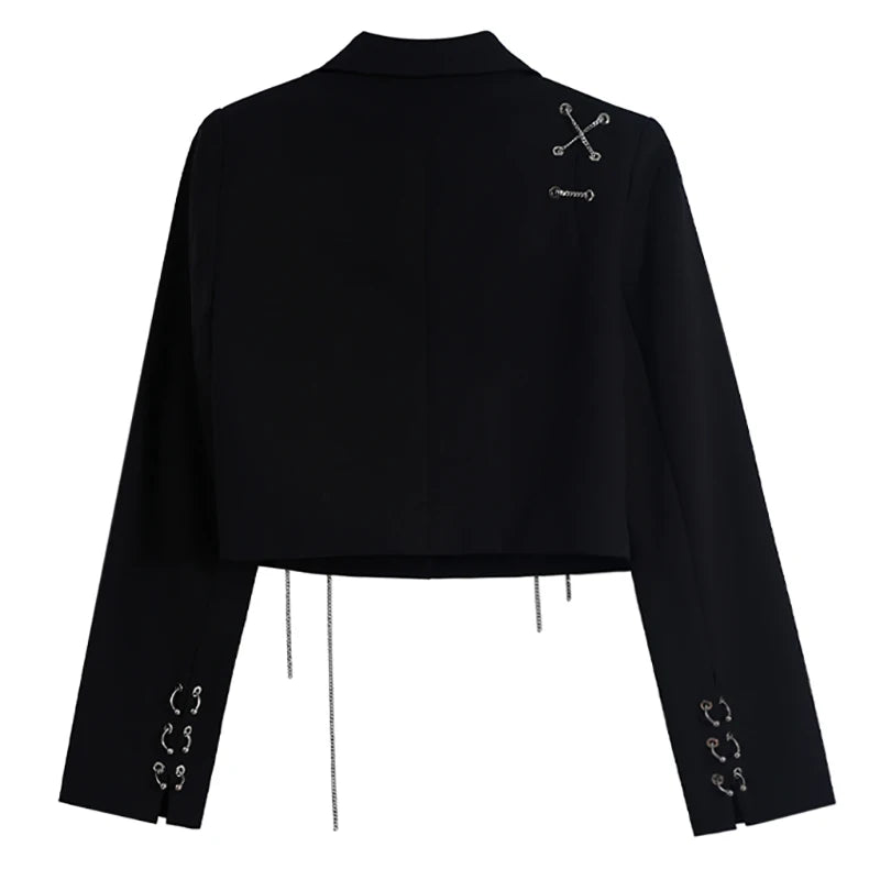 Women Punk Gothic Cropped Blazer with Metal Chain Harajuku Design Streetwear Chic Patchwork Suit Office Lady Commute Short Coat