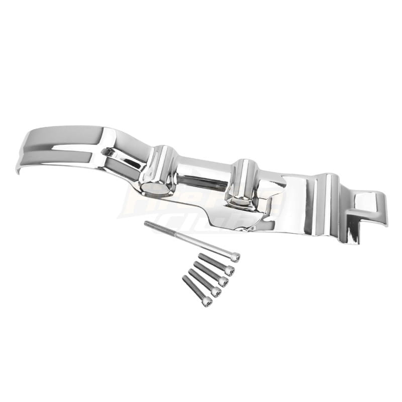 Chrome inner primary accent cover for Harley Touring 17-22 featuring a sleek angular design with chrome finish and matching screws.