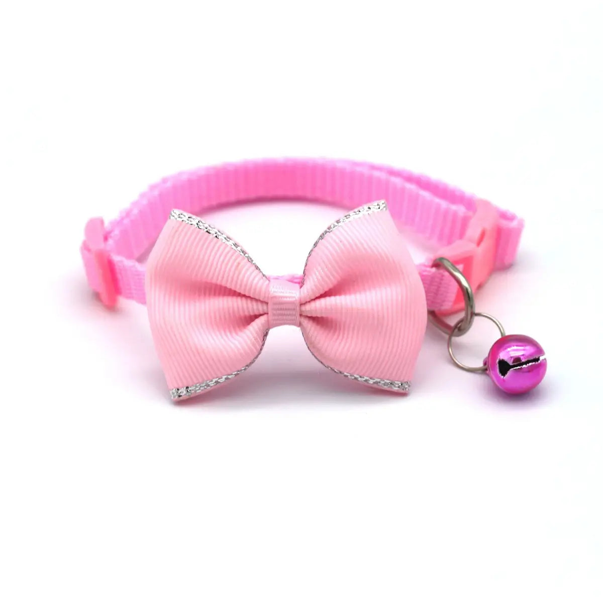 pink ribbed bow tie cat collar set with silver glitter trim and matching pink bell adjustable for multicolor use