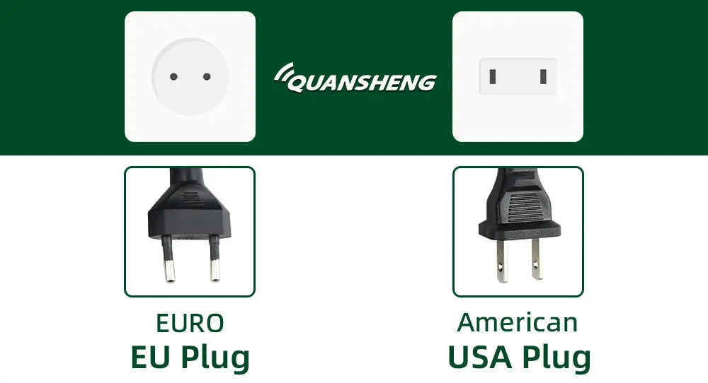 Black plastic eu and American power adapter plugs with metallic pins labeled under a green quansheng banner featuring led indicator for desktop charger use.