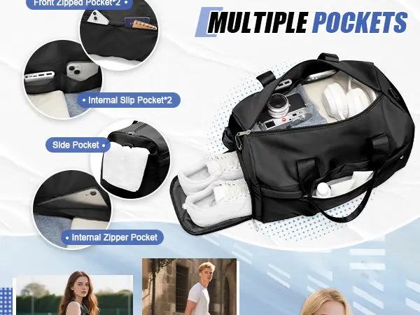 Black waterproof gym bag made of durable material featuring multiple pockets including front zipped and internal slip zipper compartments and a shoe compartment.