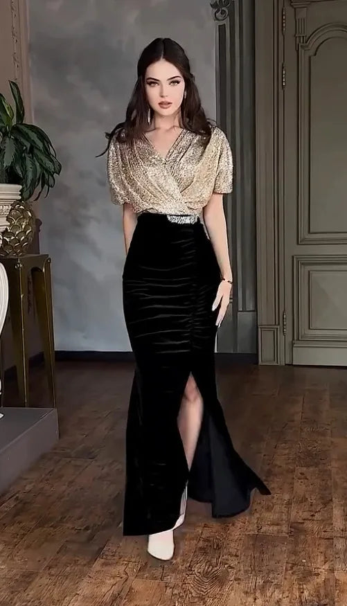 Formal Dresses for Women Party Sheath Dress Split Sequins V Neck Sexy A Line Gown Female 2025 Temperament Elegant Vestidos