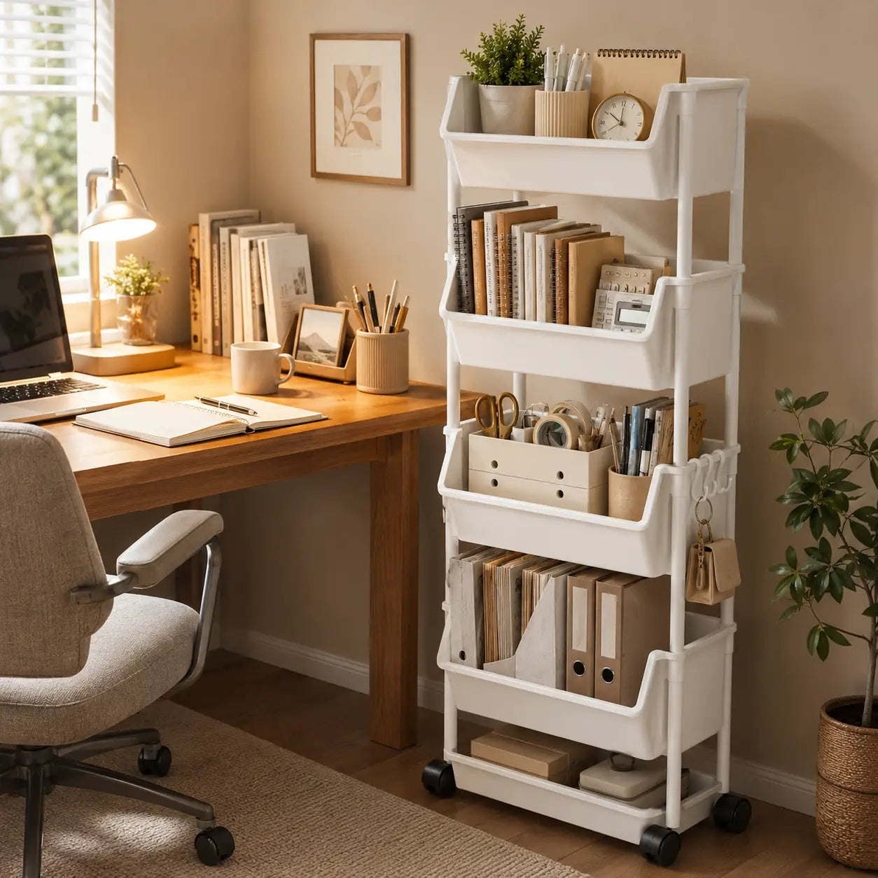 chariot de rangement roulant multi-niveaux en plastique blanc avec roues noires et crochets intégrés pour un rangement organisé et une mobilité facile