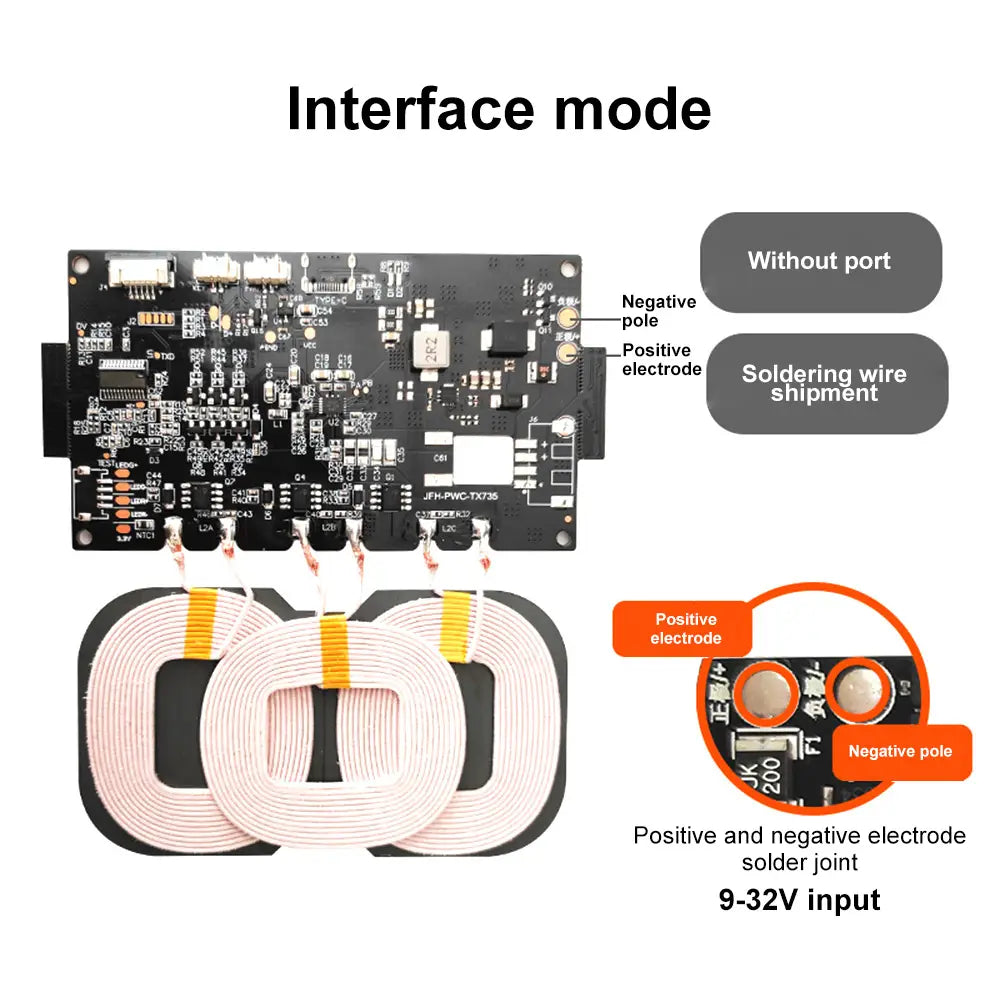 Placa de circuito electrónico negra con bobinas inductivas de carga enrolladas en blanco, sujetas con correas amarillas en un módulo transmisor de carga inalámbrica de 20 W de carga rápida para cargador inalámbrico.