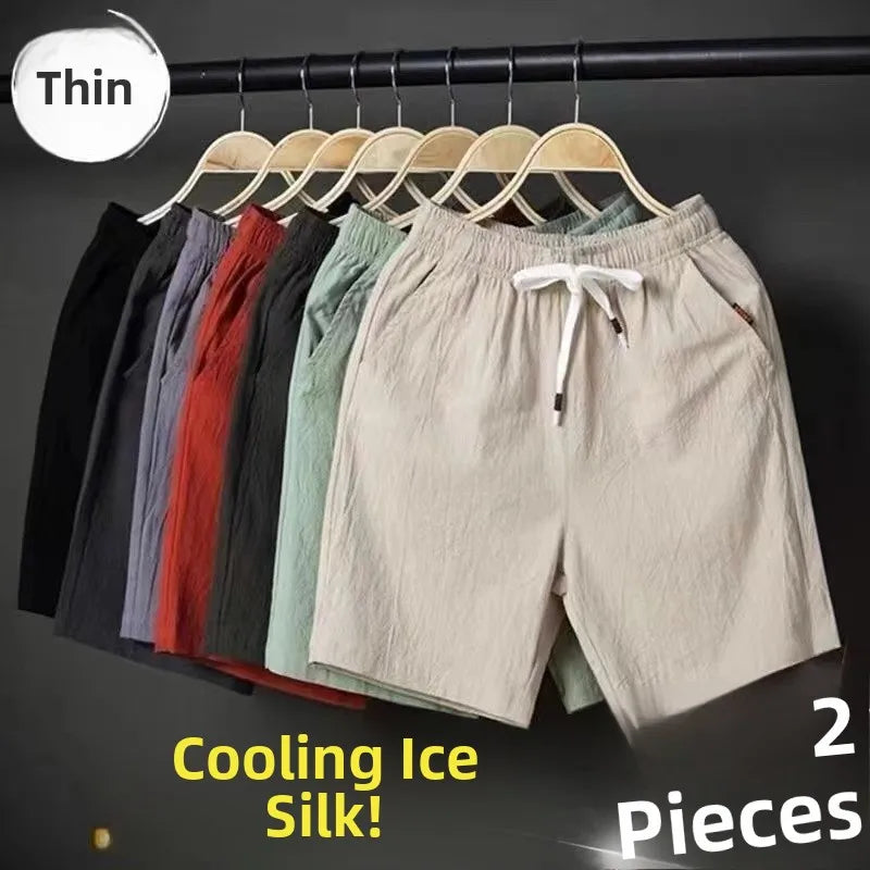 Men's Linen Ice Silk Short Pants Casual Five-Point Loose Large Size Sleepwear Big Boxer Shorts Summer Breathable Comfortable