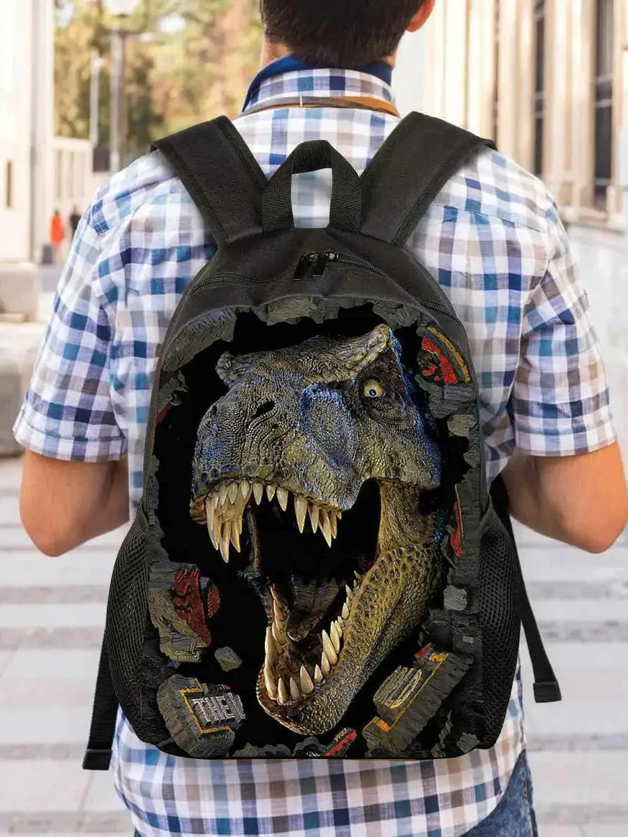 Rucksack für Jungen mit Dinosaurier-, Blitzen-Design in Schwarz, großer Schulrucksack, mit einem 3D-gedruckten T.-Rex-Kopf mit detaillierten Zähnen und strukturierter Haut, der durch das Material bricht.