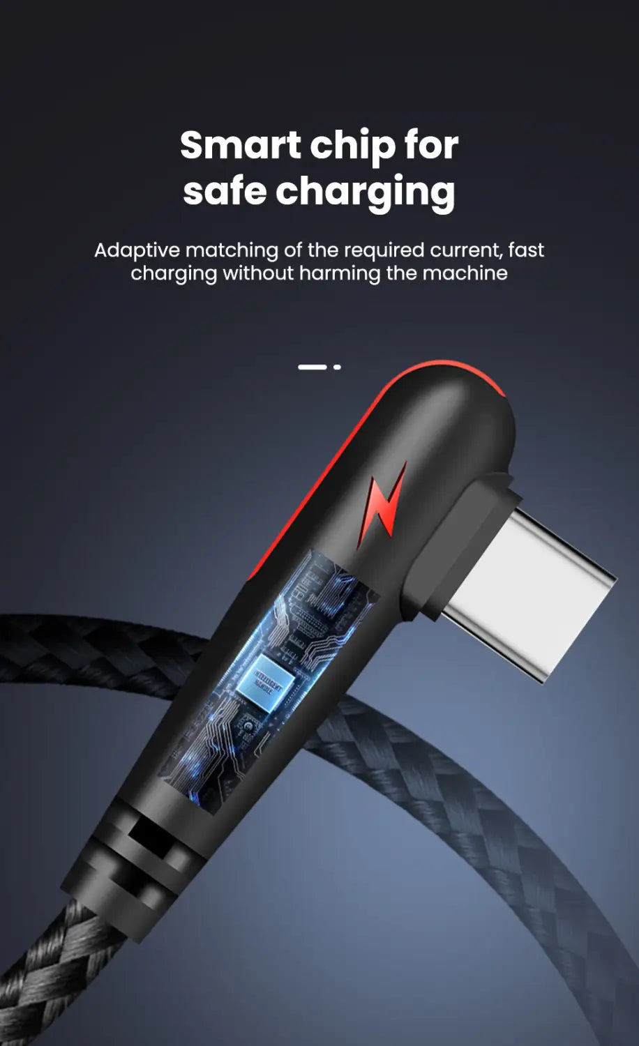 Schwarzes geflochtenes 120-W-Schnelllade-USB-Typ-C-Kabel mit Gehäuse für einen Smart-Chip und roter Akzentbeleuchtung.