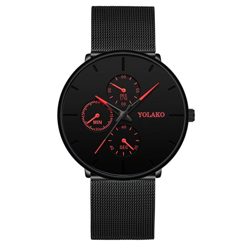 Montre à quartz ultrafine noire Yolako pour hommes, avec une sangle en maille noire et des accents rouges sur le cadran.