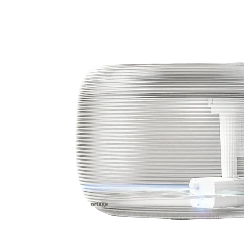 White ribbed plastic water dispenser with transparent reservoir and built-in led light for cats and dogs