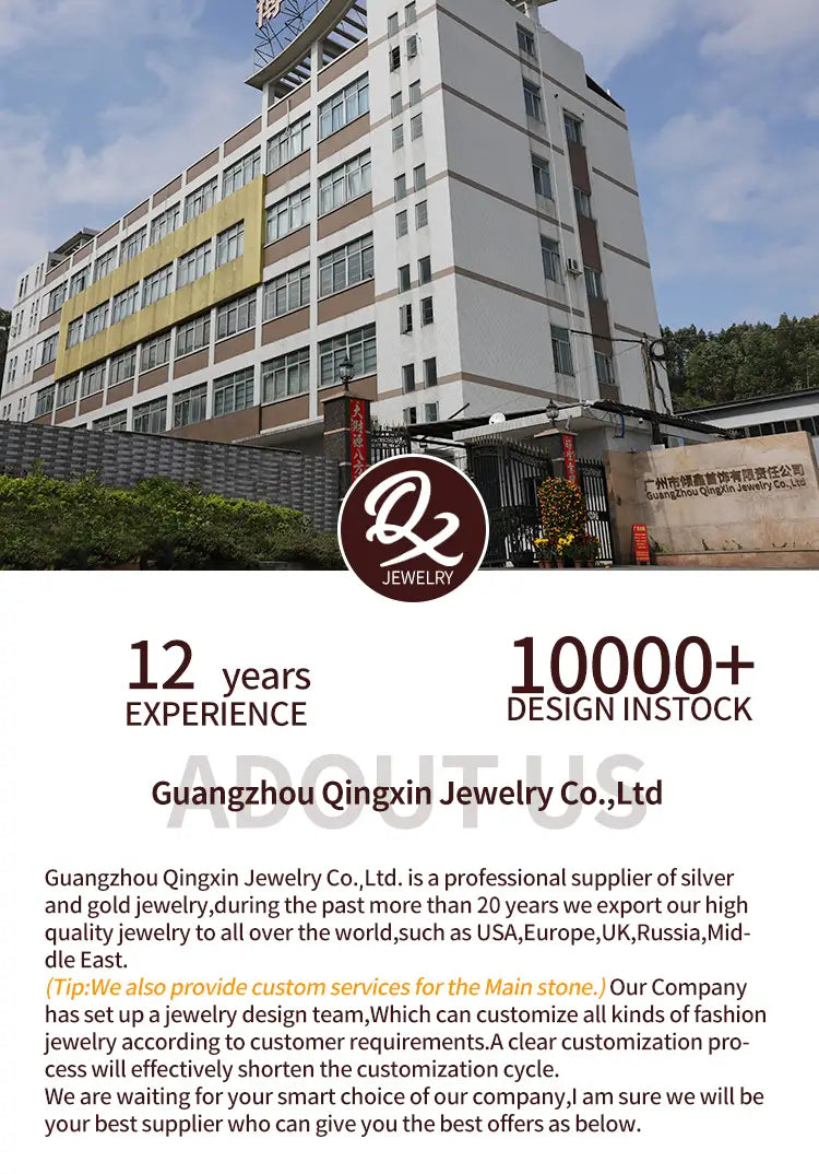 The promotional graphic for guangzhou qingxin jewelry co., ltd. features a 925 silver cat zirconia jewelry set with a sparkling design and elegant appearance.
