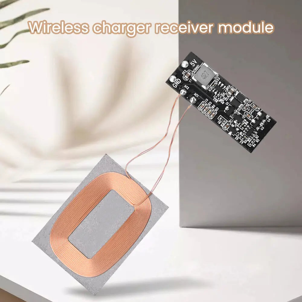 black wireless charging receiver module 5v pcba showing copper coil and circuit board with input voltage and output current specifications for optimal sensing distance