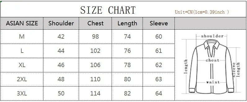 Tabla de tallas asiática para un abrigo de lana para hombre, cruzado doble, azul marino, que muestra las medidas de una camisa de manga larga en centímetros desde la talla M hasta 3XL, con un diagrama adjunto.