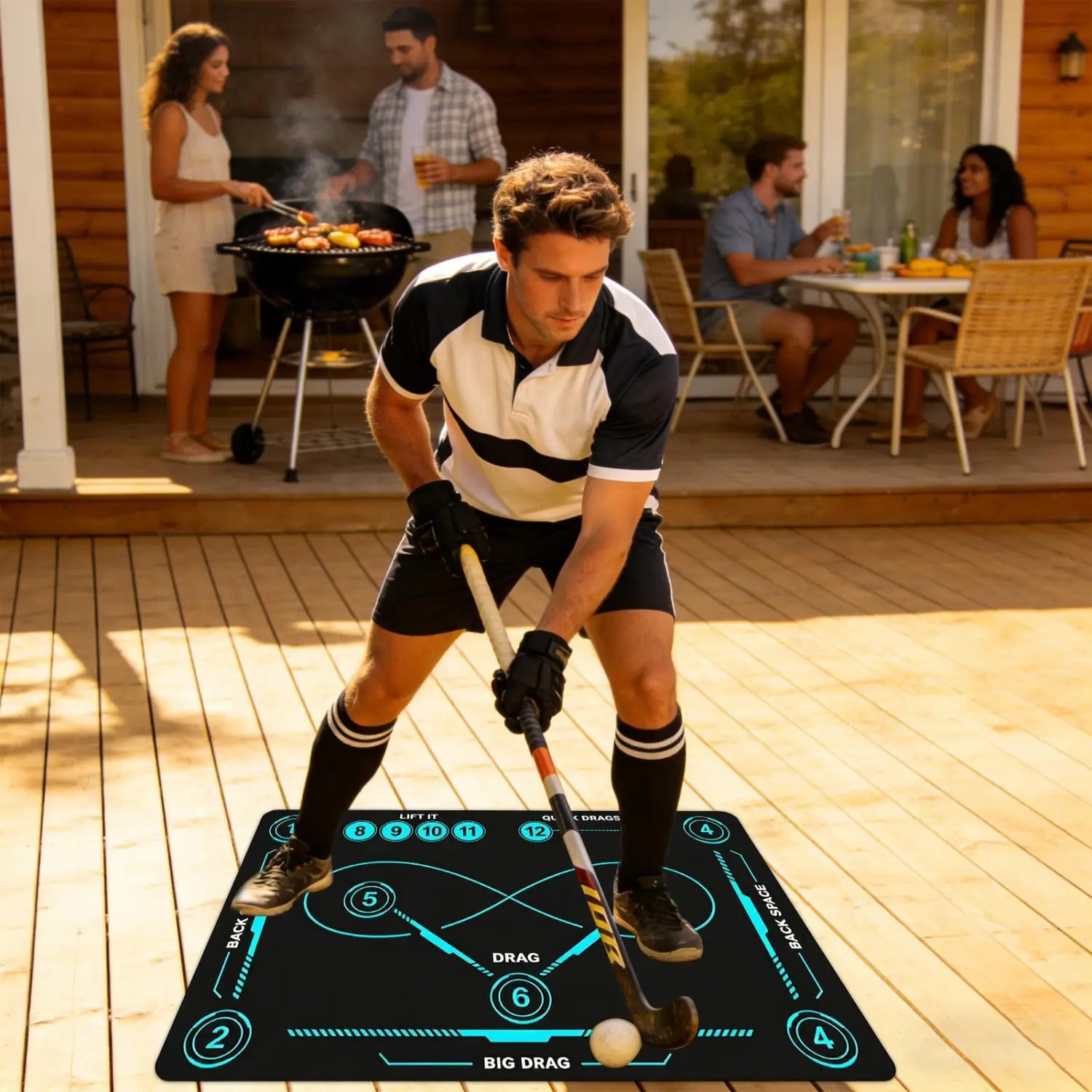 Black hockey training mat with non slip surface featuring glowing teal digital markings and numbered zones for stickhandling drills.