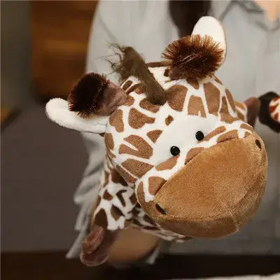 a plush giraffe hand finger puppet with brown and cream patterned fabric soft fur texture and embroidered black eyes from the educational baby toys collection including lion elephant bunny designs