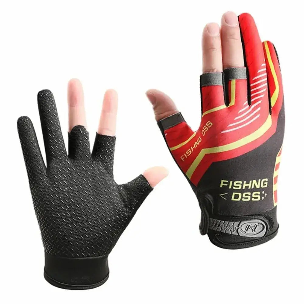 Ice silk three finger fishing gloves in red and black with yellow accents featuring a textured grip on the palm.