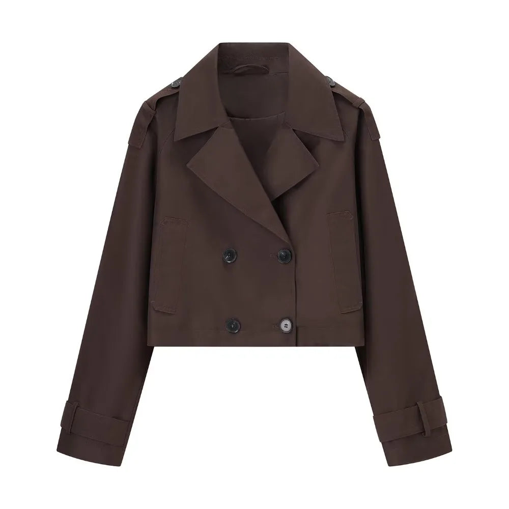 Brown Trench Coat Woman Long Sleeve Urban Solid Cropped Women's Trench Coat Casual Classic 2025 Trend Jackets Outerwears