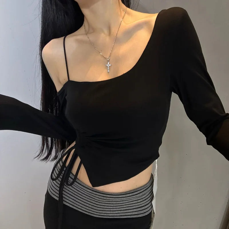 Fashionable Long Sleeve Shoulder Bared T Shirt for Women Slimming Versatile Hot Girl Style Casual Wear Polyester Fabric