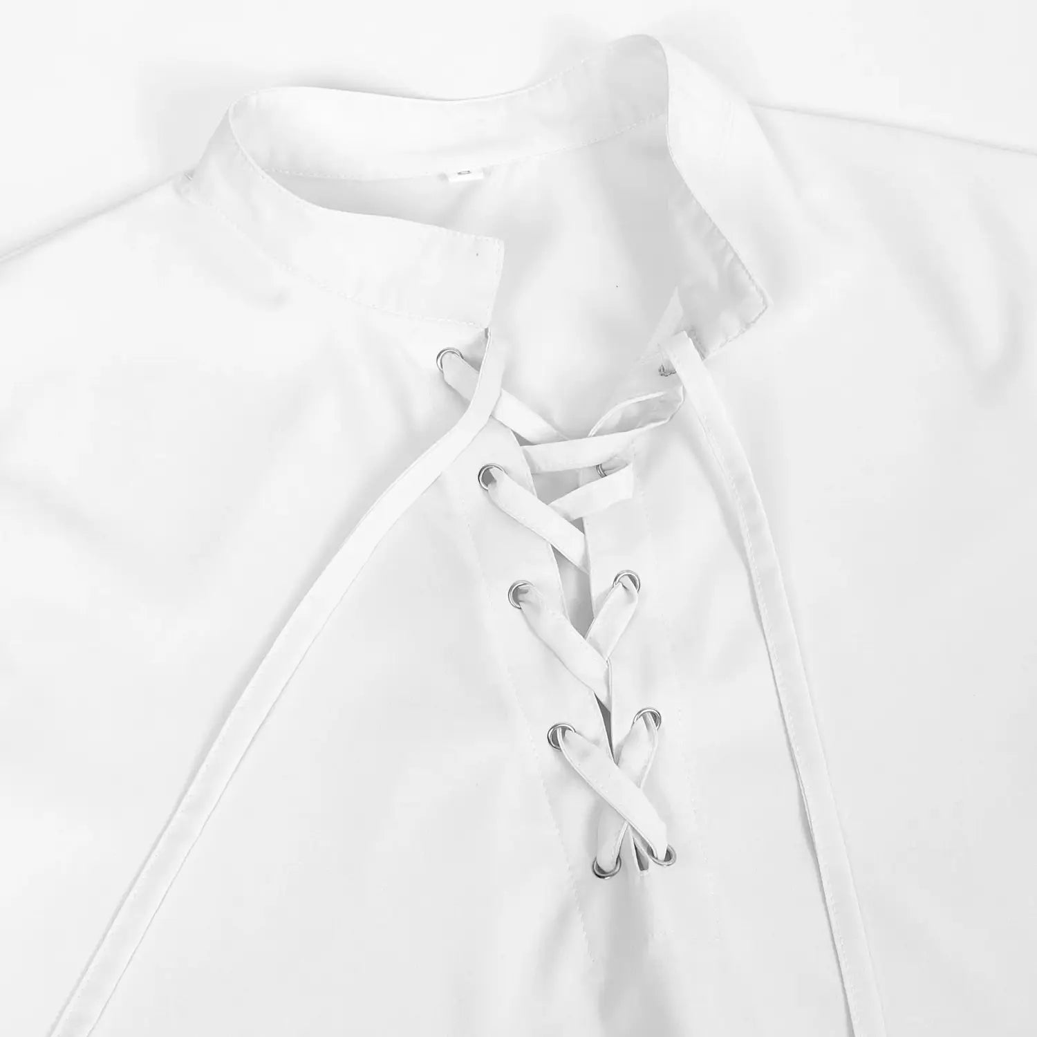 White mens pirate medieval renaissance lace up shirt with a high collar and metallic eyelets visible from the front.