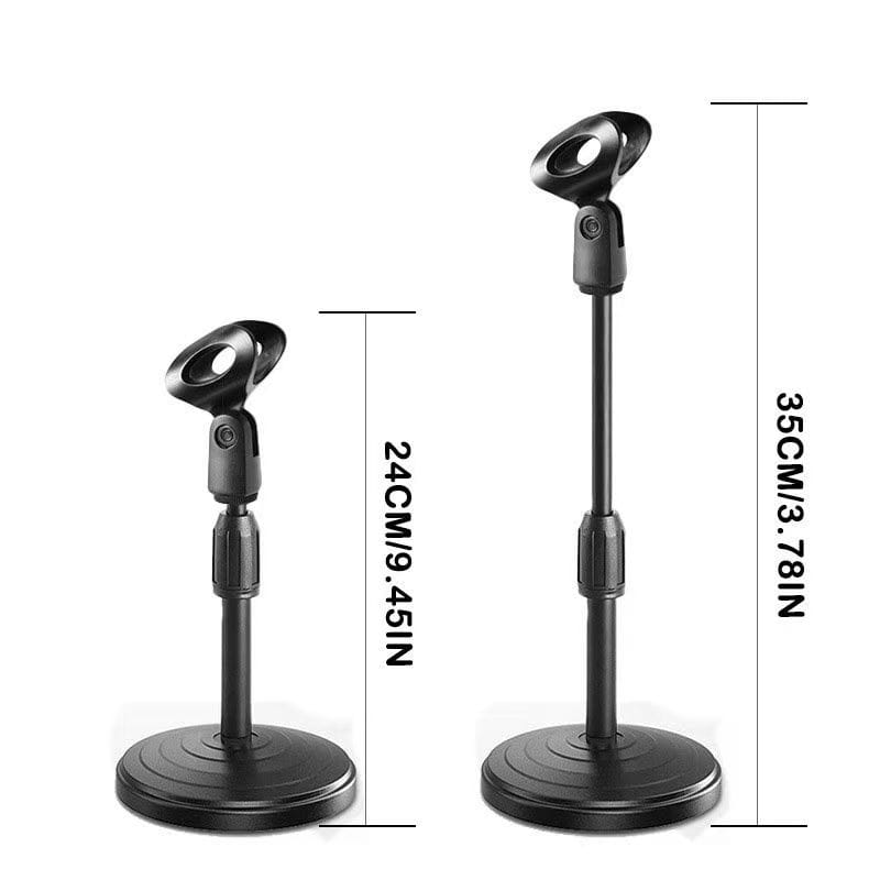 Adjustable desktop microphone stand and holder featuring a black metal circular base and telescoping pole for stability and versatility.
