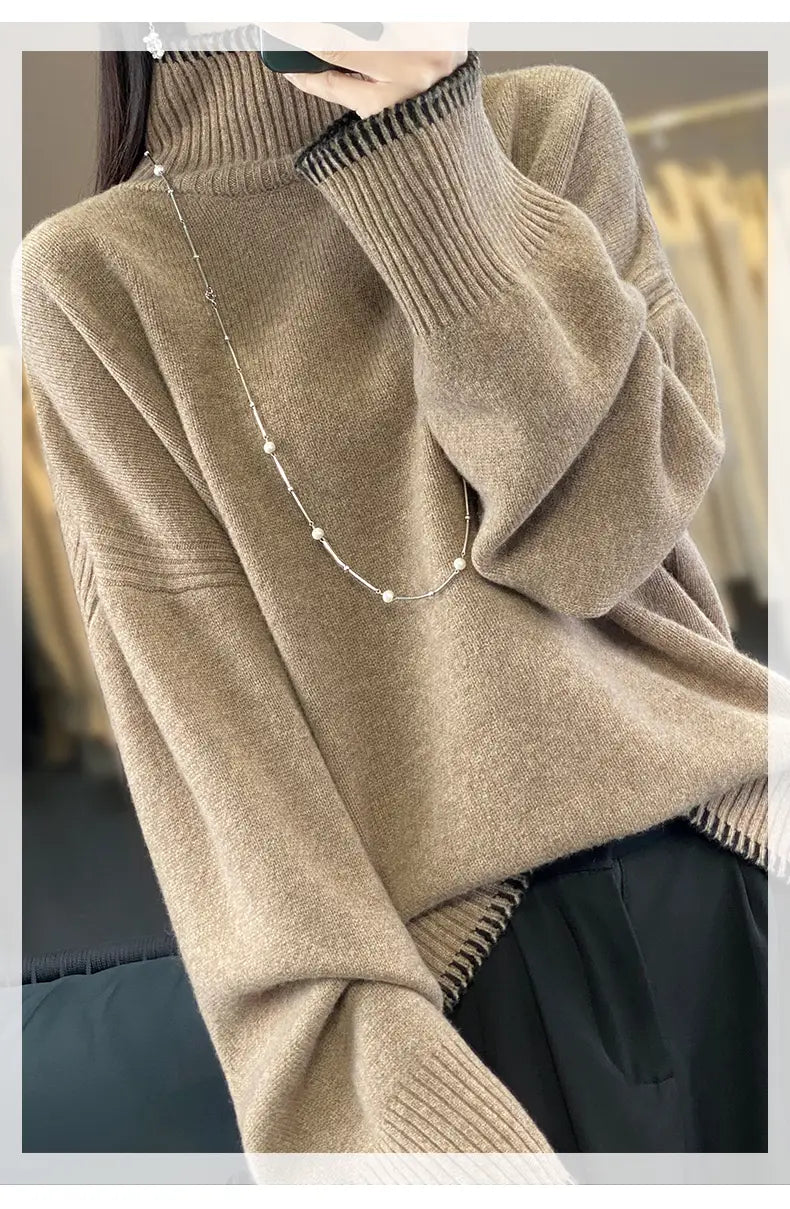 A cozy beige pure wool turtleneck sweater for women with ribbed cuffs and hem featuring a soft knit texture.