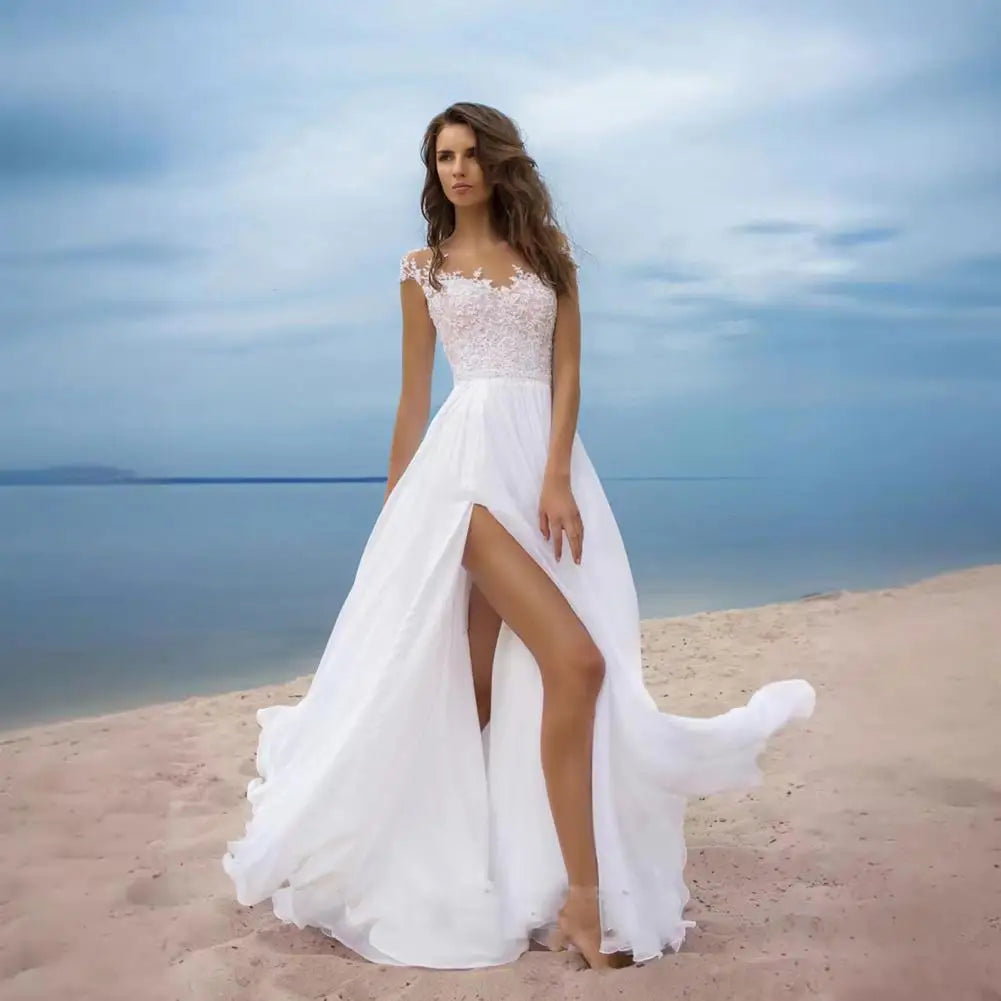 White Bridesmaid Dress Boho A-line Wedding Dress for Bride Lace V-neck Evening Gown with Chiffon Slit for Bridesmaid for Women