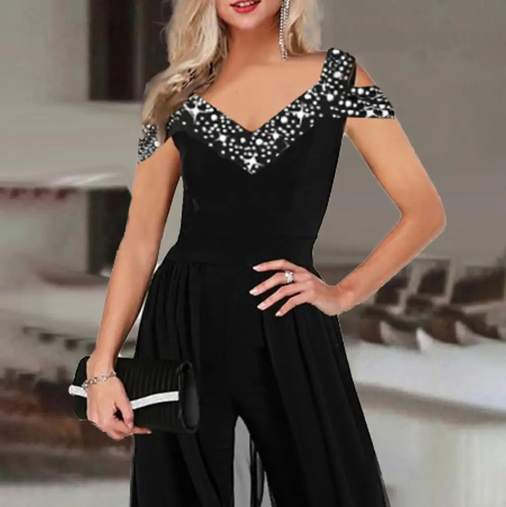 Black off-the-shoulder elegant women v neck jumpsuit romper with star-patterned embellishments on the shoulders.