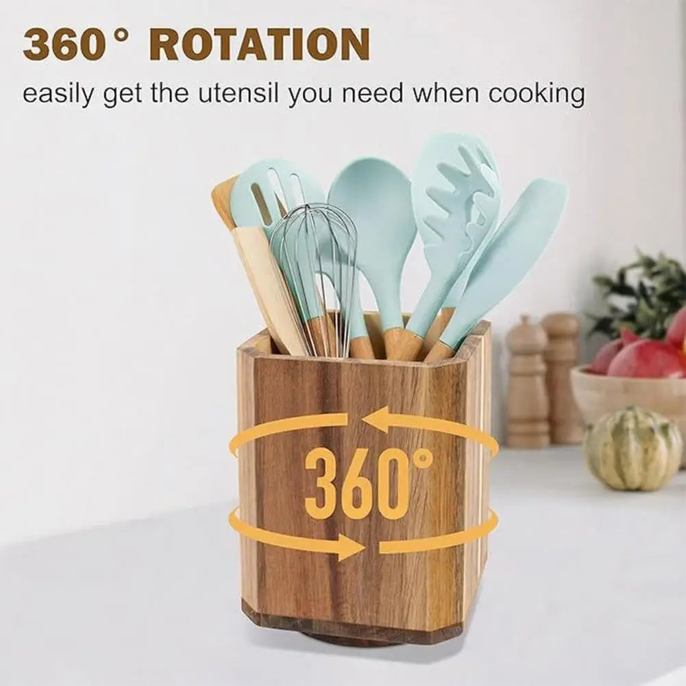 Light blue silicone utensil set displayed in a wooden 360-degree rotating kitchen utensil holder countertop organizer.