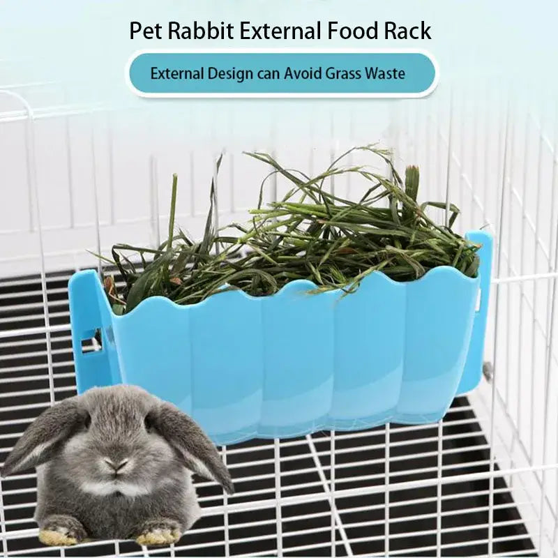 blue plastic external rabbit hay food rack with a wavy scalloped edge design for use as a rabbit hay feeder