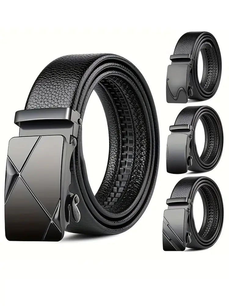 Black leather men’s automatic buckle belt with a sleek matte-finish metal buckle featuring an angular geometric design