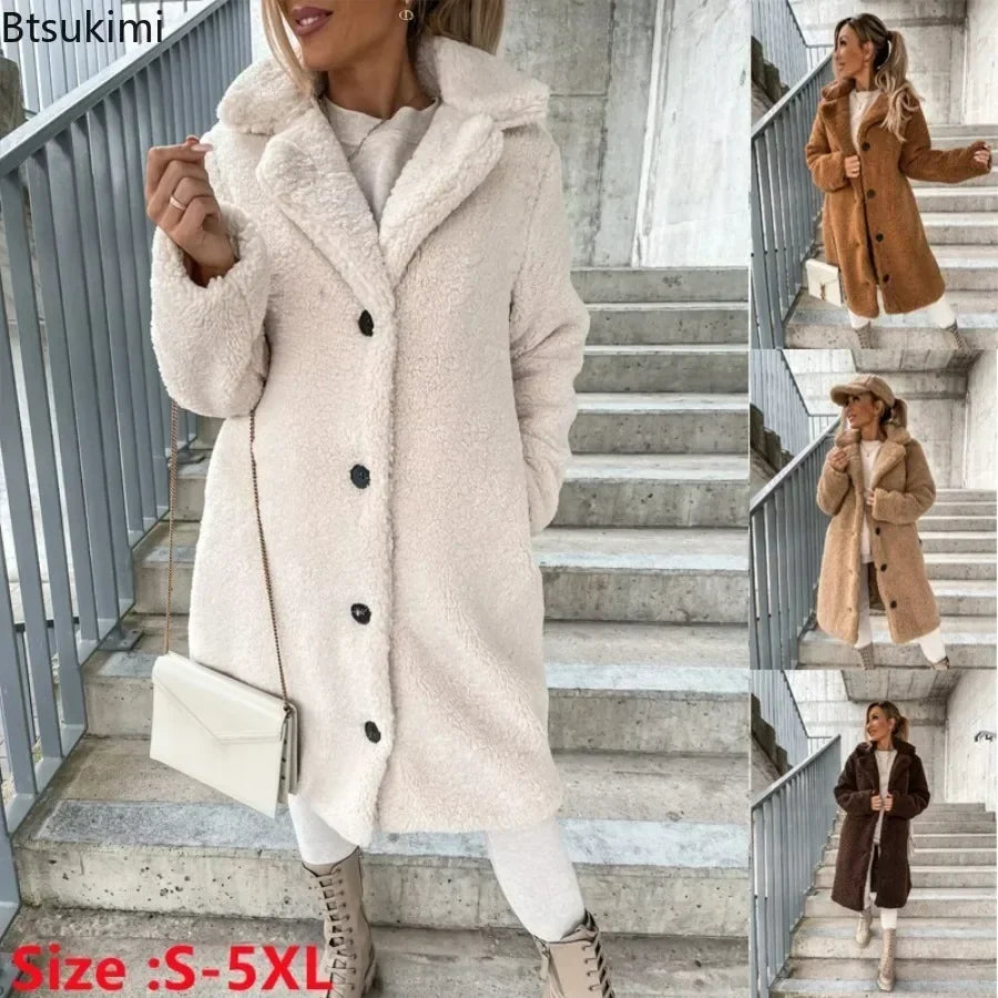 2026 Women's Winter Faux Wool Blends Warm Coat Single Breasted Outerwear Teddy Plush Overcoats Female Chic Streetwear Coats 5XL
