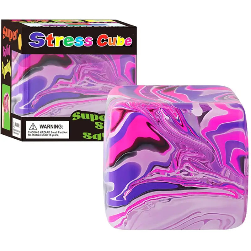 A vibrant glossy marble swirl cube squeeze toy with swirling patterns of pink purple and black designed as a slow rising sensory fidget.