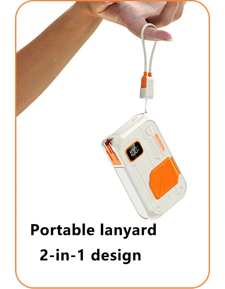 Weißer und orangefarbener Powerbank 20000 mAh 22,5 W kabelloses Energiespeicher-Ladegerät mit Lanyard-Anbringung für tragbares Laden