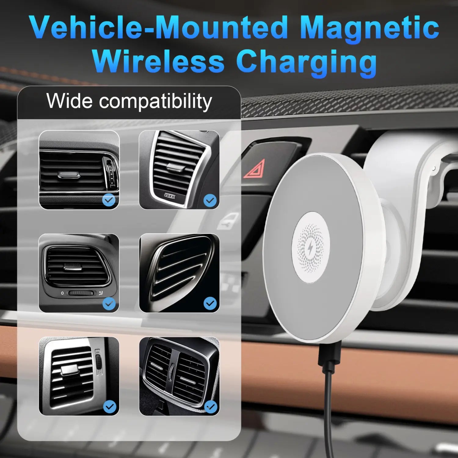 white circular magnetic wireless charger with sleek minimalist design and central charging symbol for fast charging car wireless phone mount use