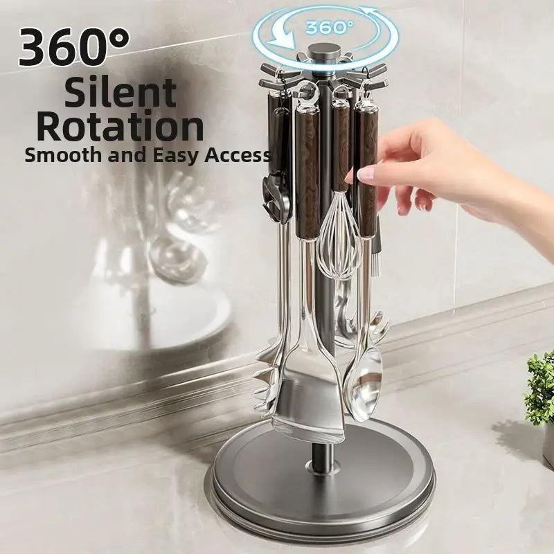 Rotating kitchen utensil holder with 8 hooks featuring a stainless steel organizer and dark wood-handled tools with a 360-degree rotating design.