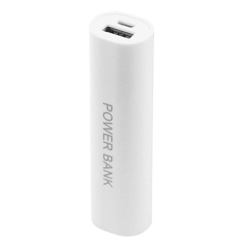 White cylindrical power bank with usb port on top and power bank printed vertically on the side designed as a portable 18650 power bank case diy shell charger.