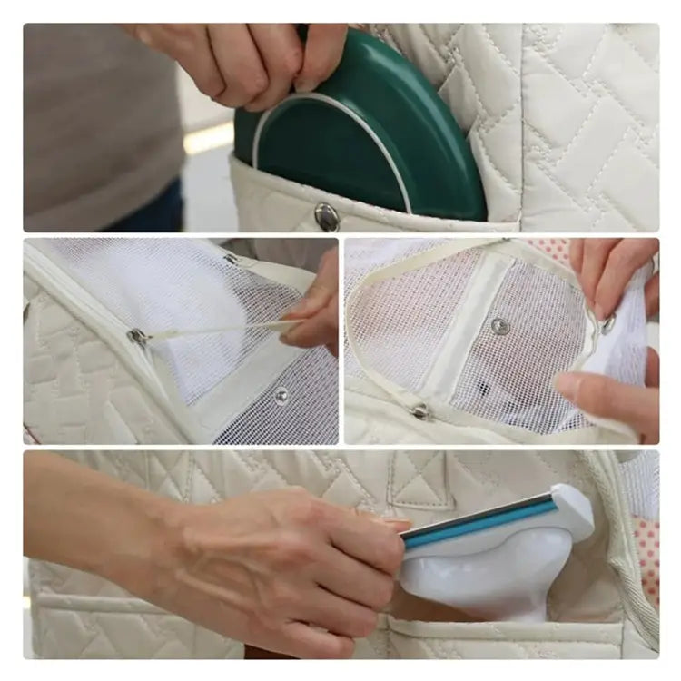 Sac pour animal de compagnie en forme de veste matelassée blanche, avec poches en maille et quincaillerie à tons argentés, conçu comme un petit porte-chien respirant, de couleur crème.