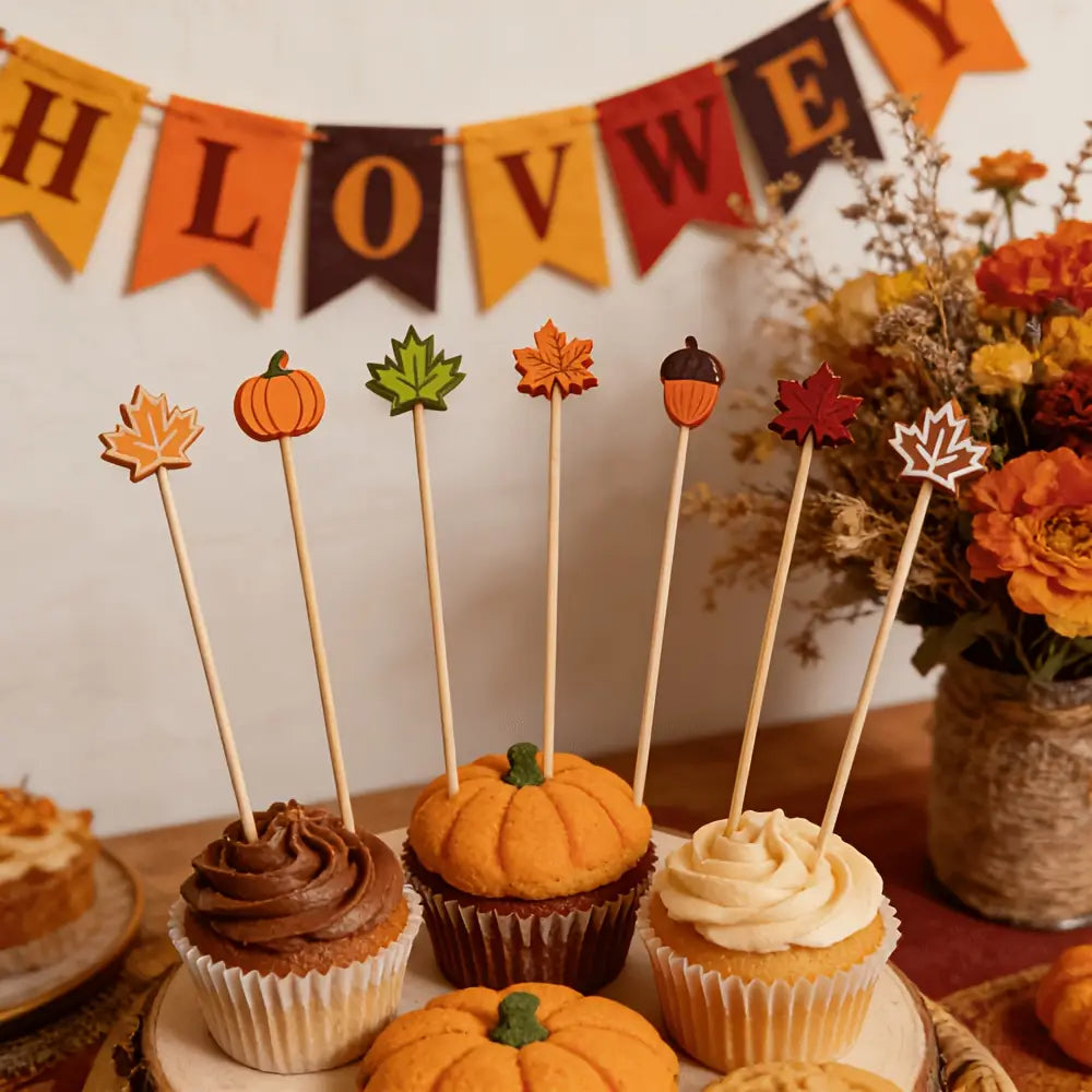 Autumn bamboo food skewers 100 pack featuring wooden sticks with colorful orange green red and brown cutouts of pumpkins leaves acorns and maple leaves for festive cupcake toppers.