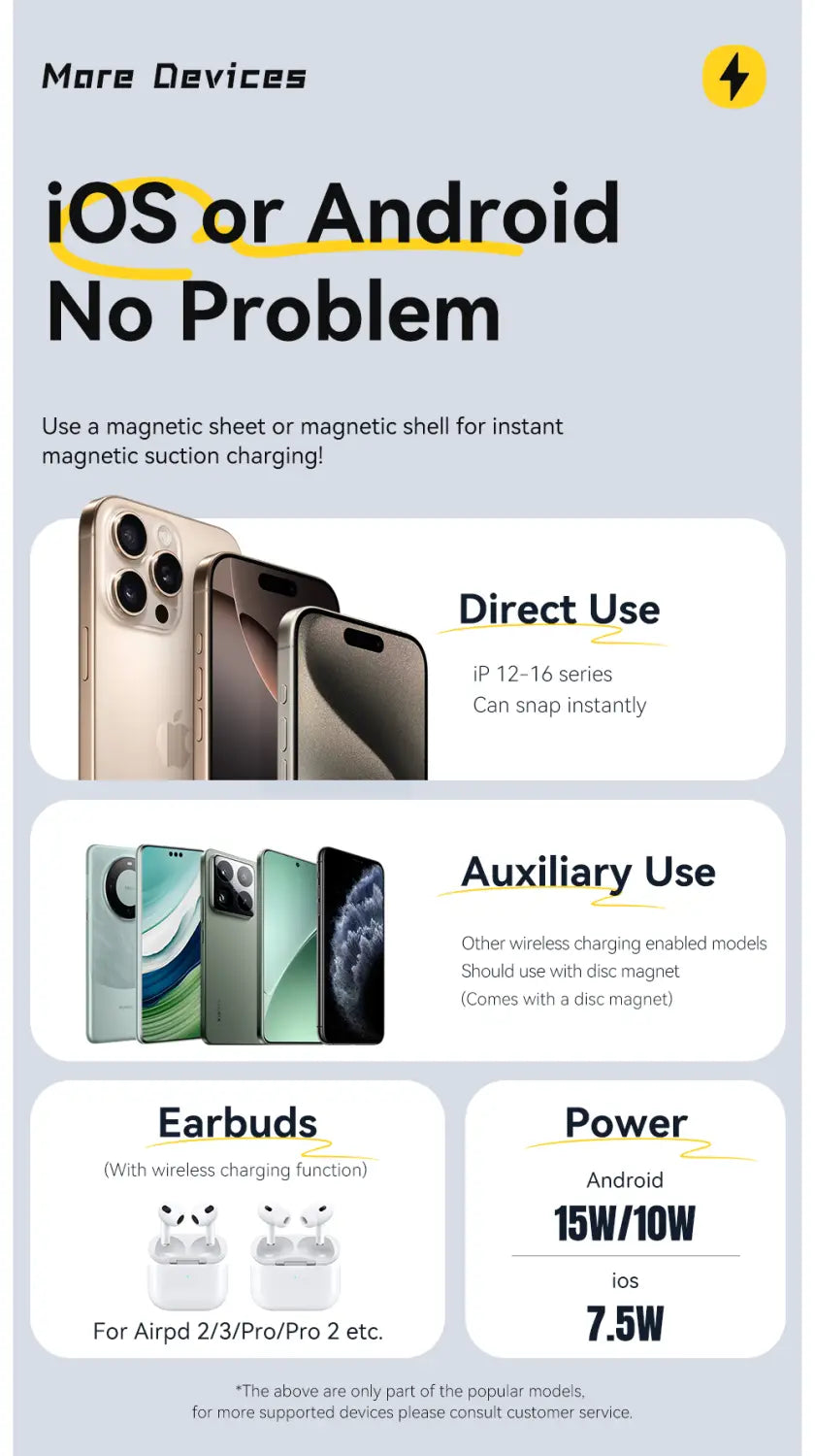 The image shows the essager magnetic 15w wireless charger stand in black, featuring wireless charging accessories compatible with various iPhone models and earbuds with magnetic charging capabilities.