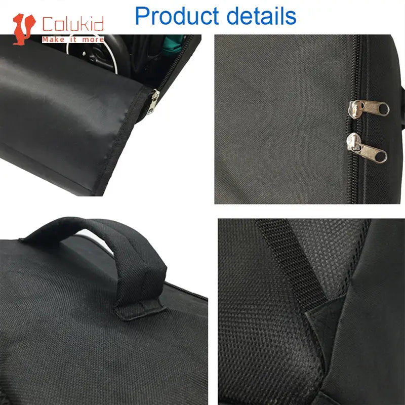 Sac à dos de voyage pour poussette en tissu noir pour Cybex Libelle Gb Pockit, avec fermetures éclair argentées et poignée renforcée.