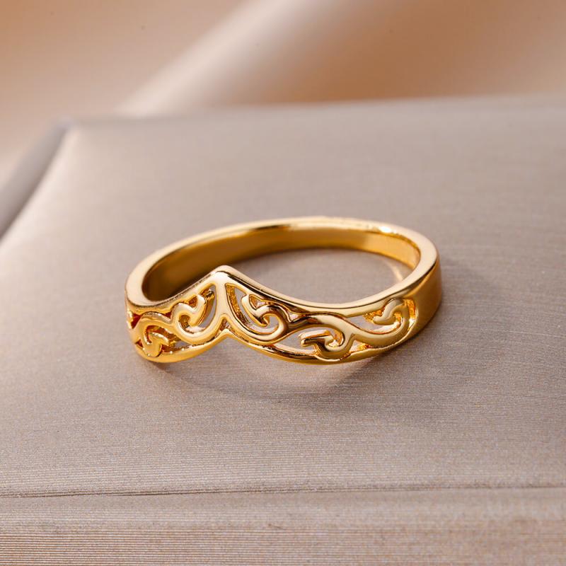 A delicate gold color stainless steel ring for women featuring an intricate swirling filigree design along its band suitable for vintage wedding jewelry.