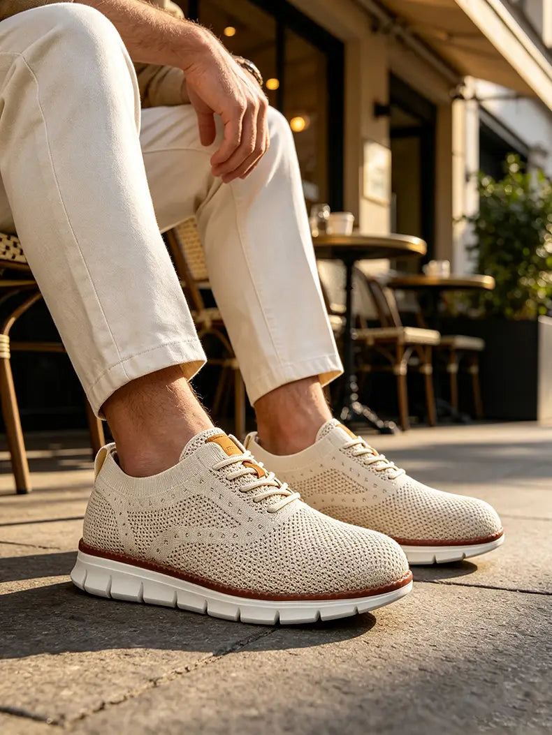 Zapatillas casual de hombre de tejido color crema con suela de goma blanca y detalles de costuras marrones, diseñadas como zapatos de caminar transpirables.