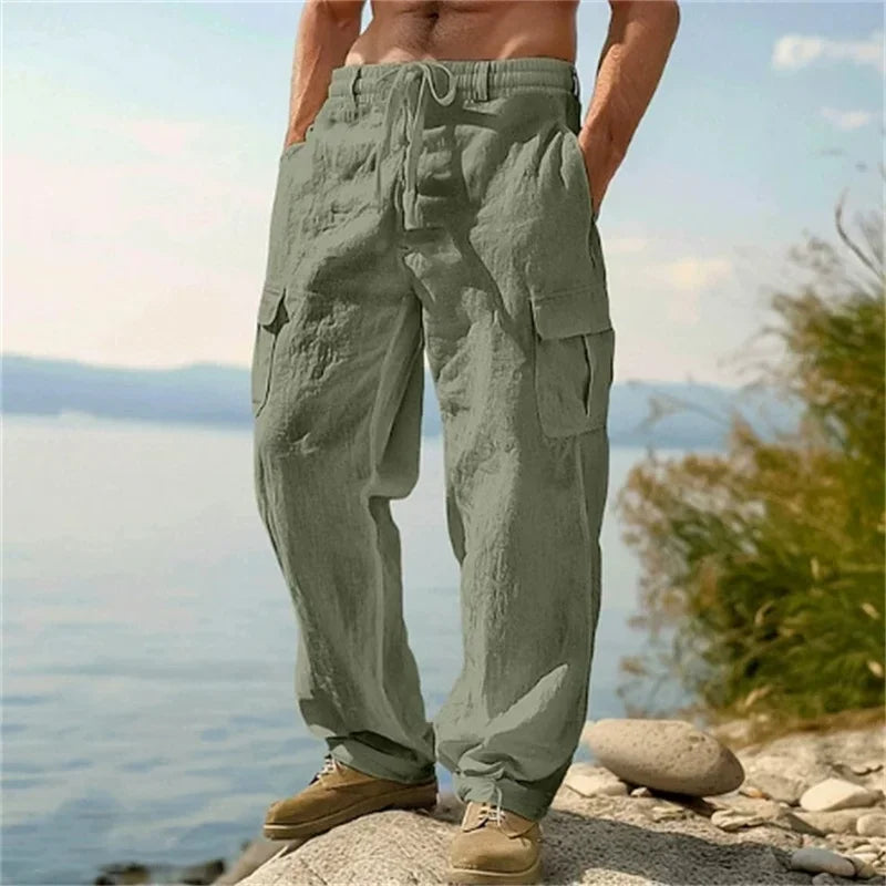 Men's Casual Trousers Loose Comfortable Cargo Pants Pants Man Cotton Linen Multi-Pocket Straight Trousers Beach Thin Men Pants