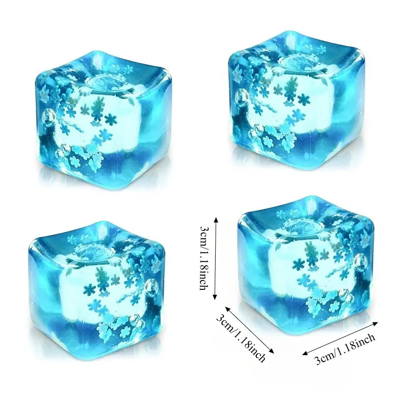 blue translucent cube-shaped ice cubes with embedded floral patterns designed as slow rising sensory fidget toys