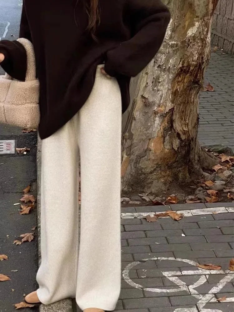 Autumn Winter Thickened Wool Wide Leg Pants Women's Draped Knitted Straight Leg Long Trousers Cashmere Outerwear Small Size F...