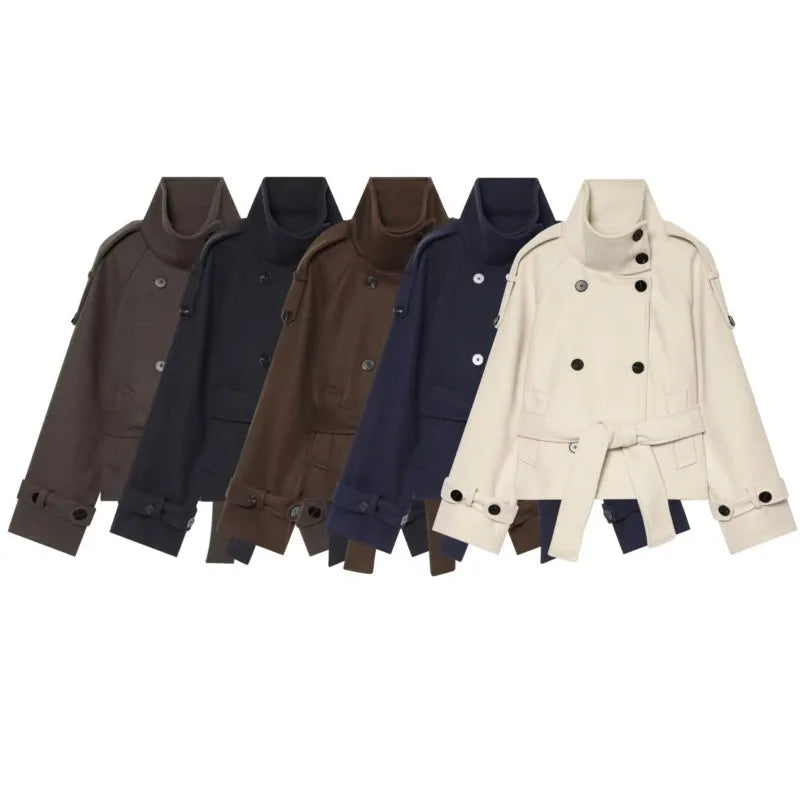 Women's winter jacket Double breasted lace up soft jacket Stand collar Belt decoration Jacket Casual Female Fashion Outerwear