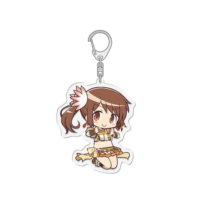 Chibi-style acrylic keychain featuring a brown-haired anime girl in an orange and beige outfit with a pink hair accessory from the Madoka Magica anime acrylic keychain set.