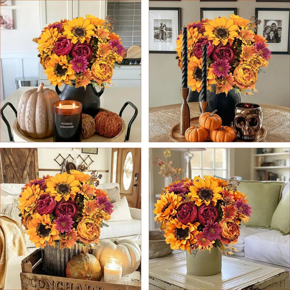 A vibrant artificial flowers autumn sunflower bouquet in a dark ceramic vase with maroon roses and golden orange accents for home decoration and to send flowers.