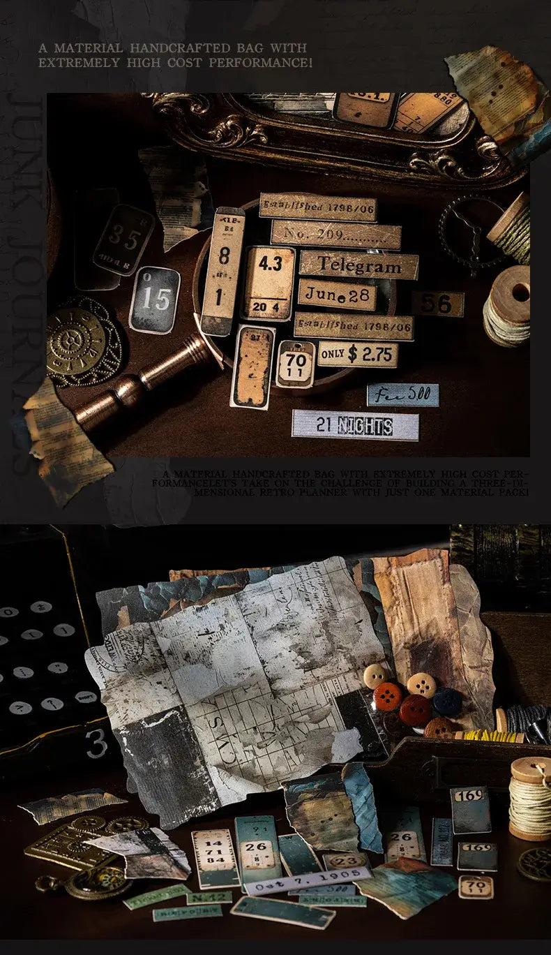 A vintage junk journal scrapbook supplies pack featuring a handcrafted dark brown leather bag with ornate brass hardware and a distressed antique aesthetic.