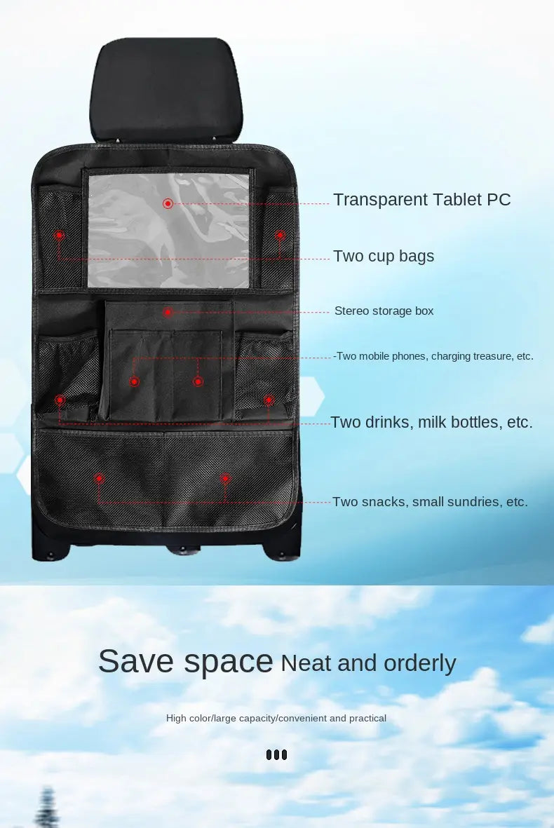 Black car backseat organizer with multiple compartments mesh storage sections and transparent tablet pocket for vehicle use.